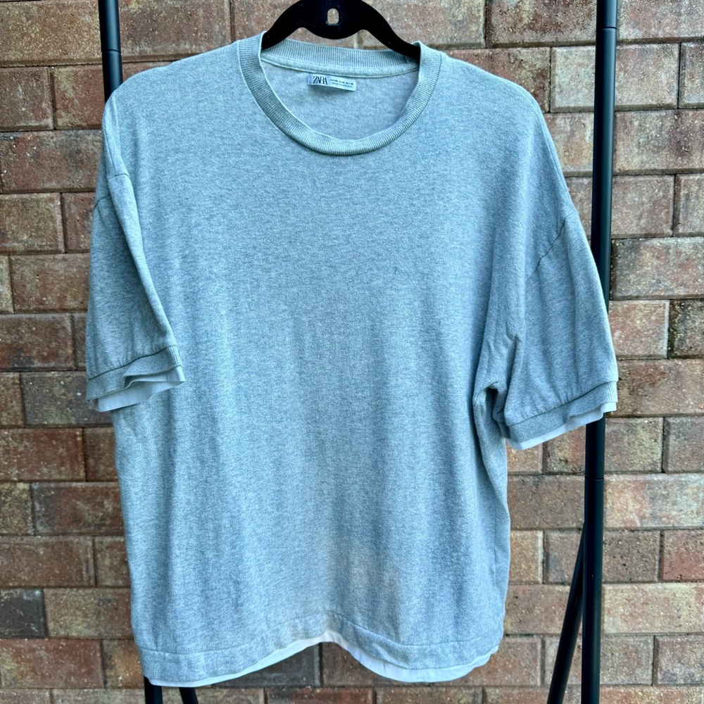 ZARA Gray Short Sleeve Double Layer Trim Knit Tee Grey/White Size M